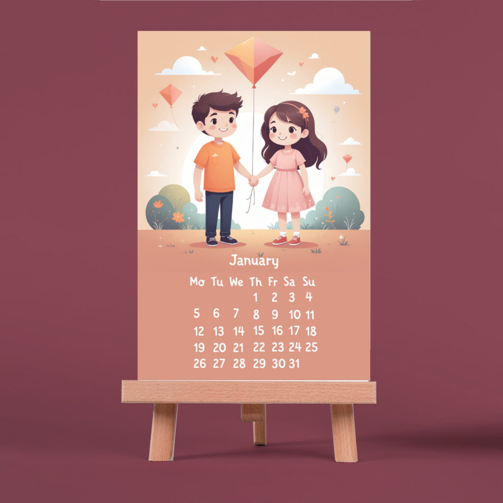 epic graphic designs 2026 vertical desk calendar with cute couple illustrations, 4x6 inch, paper calendar with wooden easel stand, monthly format
