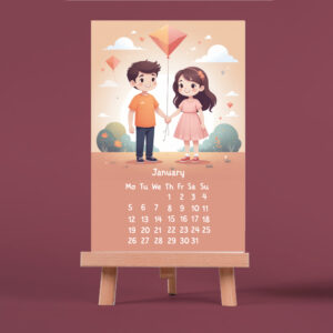 epic graphic designs 2026 vertical desk calendar with cute couple illustrations, 4x6 inch, paper calendar with wooden easel stand, monthly format