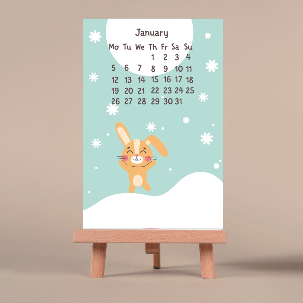 epic graphic designs 2026 vertical desk calendar with cute rabbit design, 4 x 6 inch, paper, mini size, desktop mount with wooden easel stand, monthly format