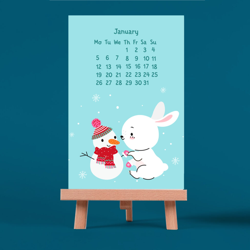 epic graphic designs 2026 vertical desk calendar with cute bunny illustrations, 4x6 inch monthly calendar, wooden easel stand