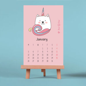 cute hand drawn unicorn mini vertical desk calendar 2026, 4x6 inch, desktop mount