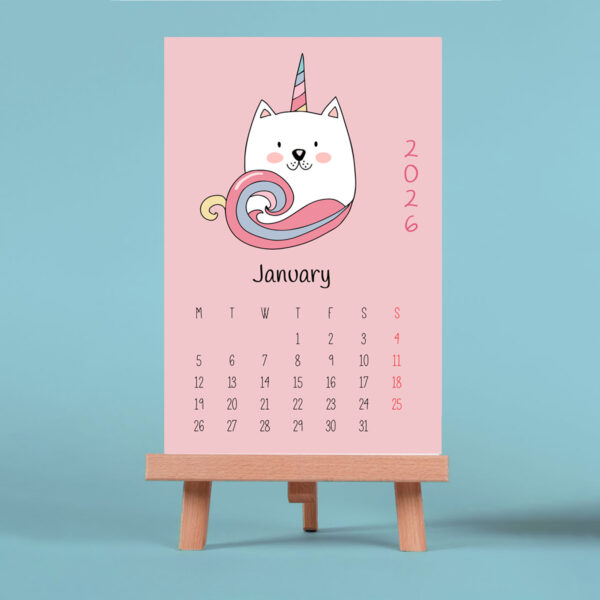 Home cute hand drawn unicorn mini vertical desk calendar 2026, 4x6 inch, desktop mount