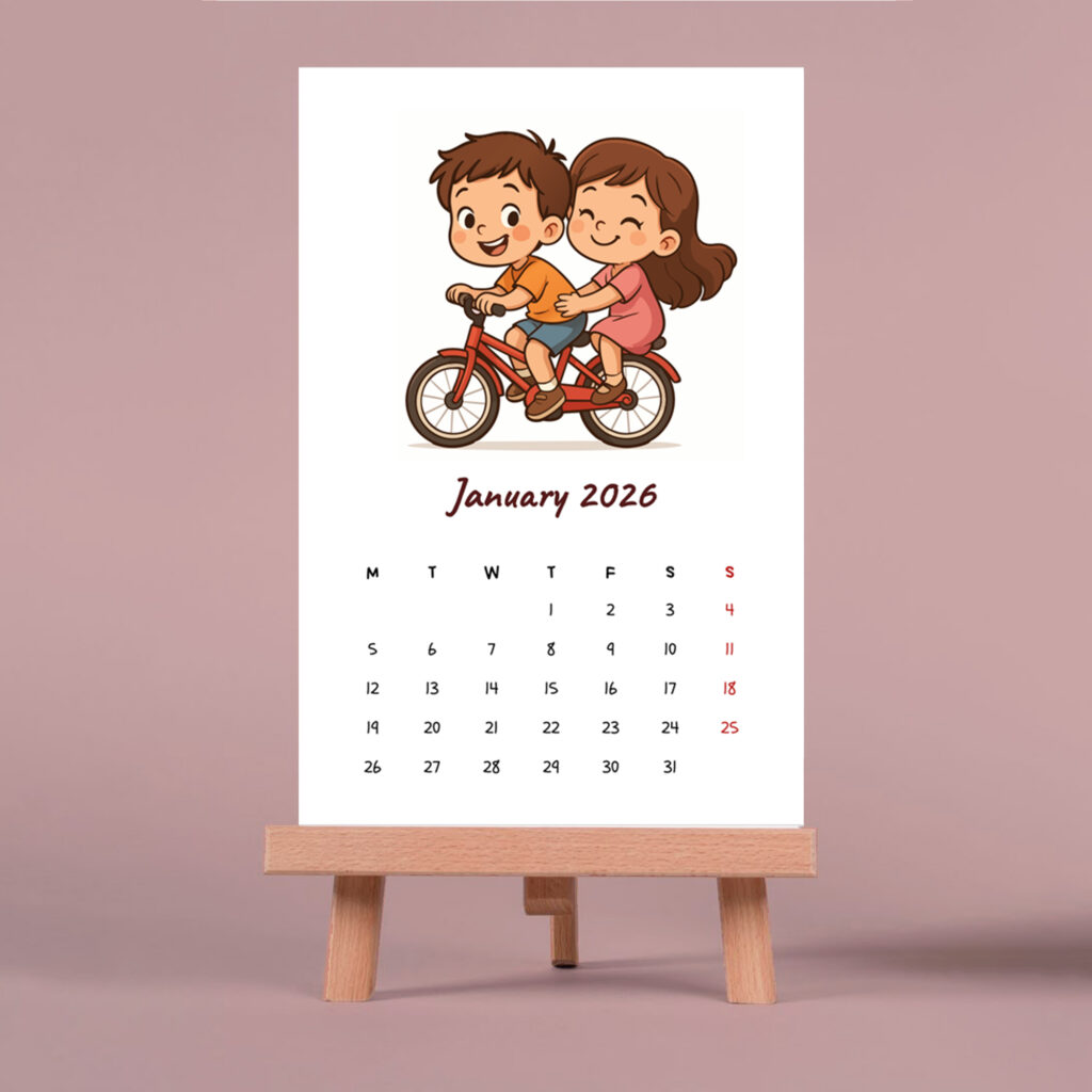 click to see full view epic graphic designs vertical desk calendar 2026, cartoon couple design, 4 x 6 inch, with 6inch easel(mini stand)