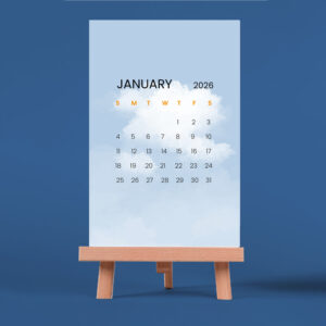 epic graphic designs 2026 desk calendar with scenic illustrations, 4x6 inch monthly calendar with wooden easel stand, minimalist mountain design, vertical display