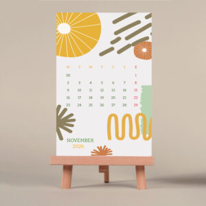mini desk calendar 2026 with wooden stand, 4x6 inch, hand drawn illustrations, desktop mount