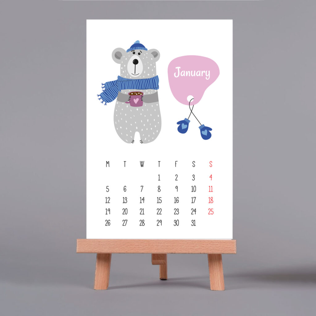 mini desk calendar 2026 with animal illustrations, 4x6 inch, desktop mount with wooden stand, white
