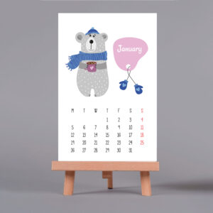 mini desk calendar 2026 with animal illustrations, 4x6 inch, desktop mount with wooden stand, white