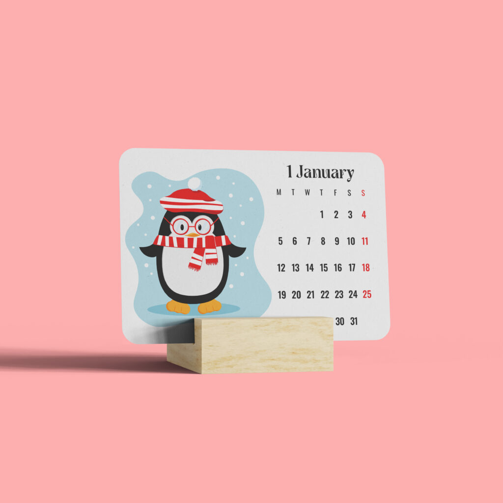 epic graphic designs 2026 mini animal calendar with wooden stand, cute seasonal characters, monthly desktop calendar, 4 x 3 inch display size