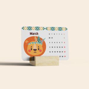 epic graphic designs 2026 mini desk calendar with wooden stand, cute tribal animal characters, monthly desktop calendar, 4 x 3 inch display size, paper material, white