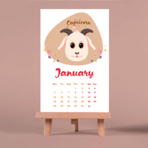 epic graphic designs 2026 zodiac desktop calendar with wooden stand, monthly pages, colorful astrological illustrations, 4x6 inch display size