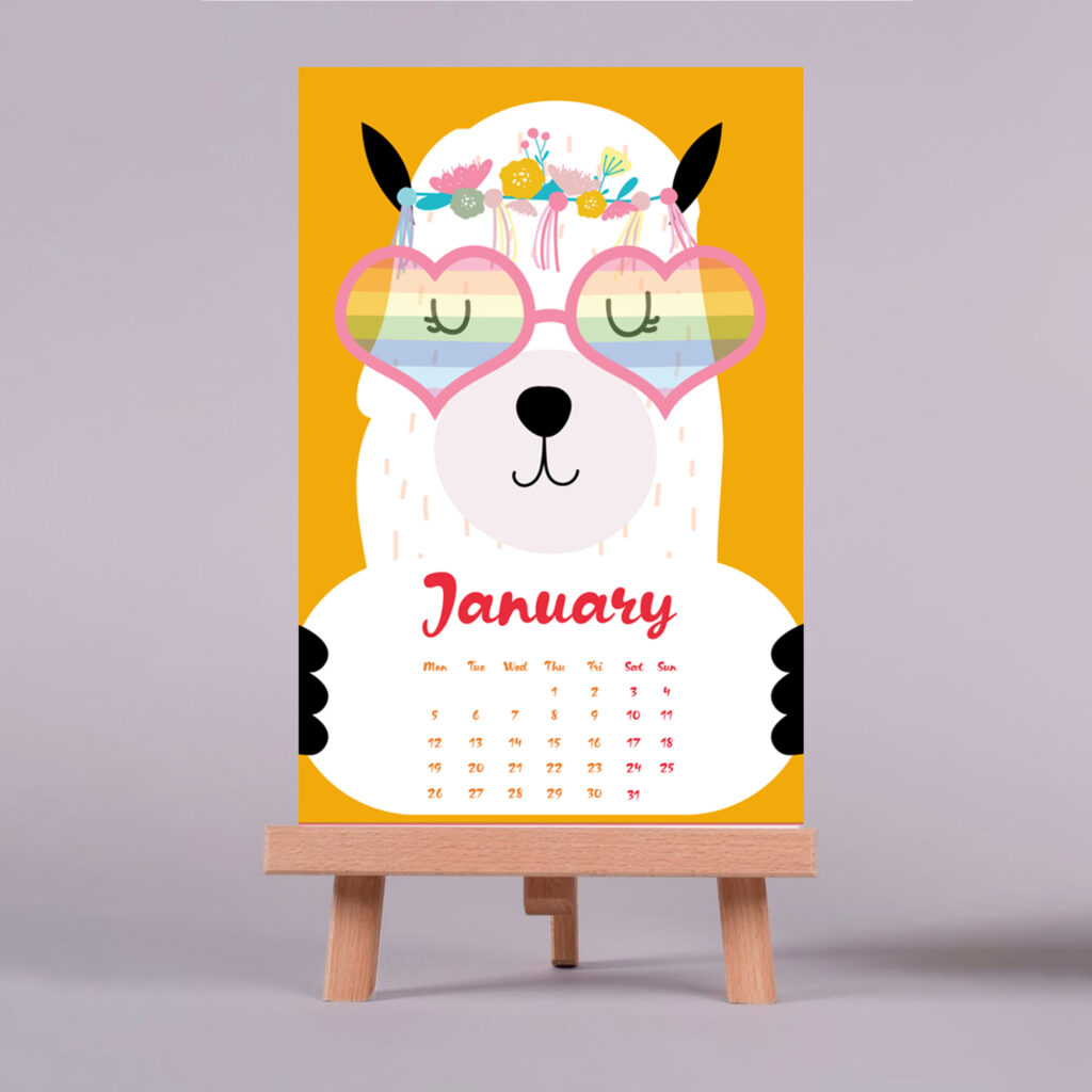 epic graphic designs 2026 llama illustrations desktop calendar with wooden stand, monthly pages, 4x6 inch display size