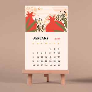 epic graphic designs 2026 hand drawn modern illustrations desktop calendar with wooden stand, monthly pages, 4x6 inch display size
