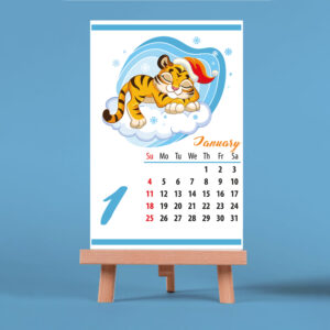 epic graphic designs 2026 desktop calendar with wooden easel, cute tiger illustrations, monthly pages, 4x6 inch, seasonal themed for home and office